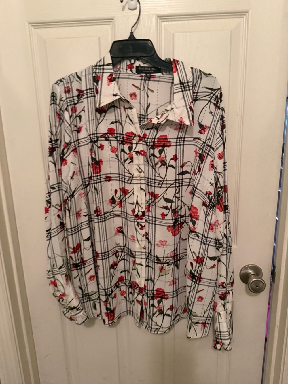 RACHEL Rachel Roy Cream Plaid Blouse with Red Floral Print